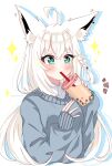  +_+ 1girl ahoge animal_ear_fluff animal_ears bangs blue_sweater blush braid bubble_tea commentary_request cup drinking drinking_straw drinking_straw_in_mouth earrings eyebrows_visible_through_hair fox_ears fox_girl green_eyes hair_between_eyes hibarino_tuyuri highres holding holding_cup hololive jewelry long_hair long_sleeves notice_lines shirakami_fubuki shirt sidelocks simple_background single_braid solo sparkle sweater v-shaped_eyebrows virtual_youtuber white_background white_hair white_shirt 