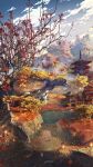  architecture artist_name autumn_leaves blue_sky bridge clouds commentary_request day east_asian_architecture fire highres lantern leaf maple_leaf mountain no_humans original outdoors pagoda scenery signature sky tree waisshu_(sougyokyuu) water 