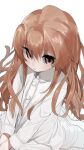  1girl aisaka_taiga bangs brown_eyes brown_hair closed_mouth coat commentary_request donut_335 eyebrows_visible_through_hair hair_between_eyes highres light_blush long_sleeves looking_at_viewer partial_commentary simple_background solo toradora! white_background white_coat 