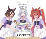  3girls ahoge animal_ears blue_eyes blush breasts brown_eyes brown_hair character_name character_request daiwa_scarlet_(umamusume) eyebrows_visible_through_hair fang grey_hair hair_intakes hair_over_one_eye highres horse_ears horse_girl horse_tail hoyon large_breasts long_hair looking_at_another looking_at_viewer multicolored_hair multiple_girls open_mouth pink_eyes pleated_skirt ponytail school_uniform shared_speech_bubble short_sleeves skirt smile speech_bubble streaked_hair tail teeth tiara tracen_school_uniform translation_request twintails umamusume upper_teeth very_long_hair vodka_(umamusume) white_hair white_skirt 