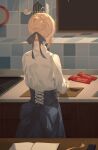  1girl ahoge artoria_pendragon_(fate) behind_back blonde_hair blue_bow bow braid chocolate cooking dress fate/stay_night fate_(series) feet_out_of_frame fov_ps hair_ribbon high-waist_skirt kitchen long_hair long_sleeves ribbon saber skirt solo 