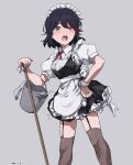  1girl absurdres apron black_dress black_hair blush bucket collared_shirt commentary_request dated dress frilled_apron frills garter_straps grey_background grey_legwear hand_on_hip highres holding holding_mop kill_la_kill maid maid_apron maid_headdress matoi_ryuuko mop multicolored_hair neck_ribbon open_mouth pinafore_dress puffy_short_sleeves puffy_sleeves raised_eyebrow red_ribbon redhead ribbon shirt short_hair short_sleeves simple_background solo streaked_hair sweat takatisakana thigh-highs white_apron white_shirt wrist_cuffs 