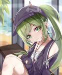  1girl absurdres alternate_costume anshan_(azur_lane) anshan_(setting_sun_hearts_as_one)_(azur_lane) azur_lane collarbone commentary ct.ender green_eyes green_hair hat highres horns long_hair official_alternate_costume ponytail pov sitting smile solo 