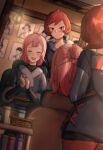  2girls akari_(pokemon) arezu_(pokemon) bangs basket black_shirt black_shorts blurry blush bottle chair closed_mouth cowlick grey_jacket hair_bun hairdressing highres hood hood_down hooded_jacket indoors ippers jacket mirror multiple_girls orange_legwear own_hands_together pantyhose photo_(object) pink_hair pokemon pokemon_(game) pokemon_legends:_arceus red_eyes redhead sash shirt short_hair shorts sitting smile split_mouth standing symbol-only_commentary 