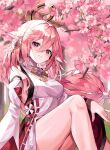  1girl absurdres animal_ears bare_legs bare_shoulders blush breasts cherry_blossoms fox_ears fox_girl genshin_impact hair_between_eyes hair_ornament highres indol japanese_clothes large_breasts legs long_sleeves looking_at_viewer miko smile solo yae_miko 