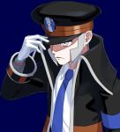  1boy black_coat black_headwear blue_background blue_necktie brown_coat coat collared_shirt commentary_request frown gloves grey_eyes grey_hair hand_on_headwear hand_up hat highres ingo_(pokemon) macky_dd male_focus necktie pokemon pokemon_(game) pokemon_bw shirt short_hair sideburns simple_background solo striped_coat upper_body white_gloves white_shirt 