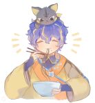  1boy animal_on_head astel_leda blue_hair cat chopsticks chopsticks_in_mouth closed_eyes eating food highres holostars jacket long_sleeves multicolored_hair noodles on_head orange_hair pale_skin solo tehnyo virtual_youtuber 