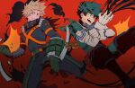  2boys bakugou_katsuki blonde_hair bodysuit boku_no_hero_academia english_commentary freckles gloves green_bodysuit green_hair highres looking_at_viewer male_focus midoriya_izuku multiple_boys red_eyes short_hair spiky_hair teeth viol_vrt white_gloves 