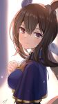  1girl admire_vega_(umamusume) animal_ears blurry blurry_background blush breasts brown_eyes brown_hair commentary_request hair_between_eyes hair_ornament highres horse_ears long_hair looking_at_viewer m.a.y. medium_breasts ponytail portrait signature smile solo umamusume 