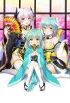  3girls :d bare_shoulders bikini black_kimono blue_hair blue_kimono blush collarbone commentary_request covering_mouth dragon_girl dragon_horns eyebrows_visible_through_hair fate/grand_order fate_(series) folding_fan hand_fan highres holding holding_fan horns japanese_clothes kimono kiyohime_(fate) kiyohime_(swimsuit_lancer)_(fate) looking_at_viewer multiple_girls multiple_horns multiple_persona red_eyes silver_hair sitting smile suzumia_(daydream) swimsuit thigh-highs white_legwear yellow_bikini yellow_eyes younger 