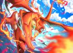  charizard claws clouds cloudy_sky commentary_request day fire flame-tipped_tail highres no_humans outdoors pokemon pokemon_(creature) ririri_(user_rkrv7838) sky solo 