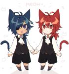  2boys :3 absurdres alternate_costume animal_ears antenna_hair ascot bangs black_shorts black_vest blue_eyes blue_hair brooch cat_boy cat_ears cat_tail chibi closed_mouth diluc_(genshin_impact) earrings eyepatch genshin_impact highres holding_hands jewelry kaeya_(genshin_impact) long_hair long_sleeves male_focus multiple_boys nkgmgs open_mouth paw_print ponytail red_eyes redhead shorts simple_background single_earring standing tail vest white_background 
