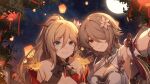  2girls :d bangs bare_shoulders bianka_durandal_ataegina blonde_hair blue_eyes brown_dress brown_hair china_dress chinese_clothes chinese_new_year de_da_xianyu dress earrings flower full_moon grin hair_flower hair_ornament hair_over_one_eye highres honkai_(series) honkai_impact_3rd jewelry lantern long_hair looking_at_viewer mole mole_under_eye moon multiple_girls night night_sky paper_lantern ponytail red_dress rita_rossweisse rita_rossweisse_(artemis) selfie sky smile star_(sky) starry_sky tree violet_eyes white_flower 