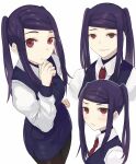  1girl asakiri_koko bangs bartender blush hand_on_own_chin highres jill_stingray long_hair looking_at_viewer necktie pantyhose purple_hair raised_eyebrows red_eyes smile solo twintails va-11_hall-a vest white_background 