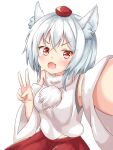  1girl :d animal_ears bangs breasts detached_sleeves inubashiri_momiji large_breasts looking_at_viewer open_mouth red_skirt rururiaru selfie shirt short_hair simple_background skirt smile solo touhou v v-shaped_eyebrows white_background white_hair white_shirt white_sleeves wolf_ears wolf_girl 