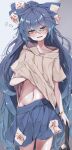  1girl absurdres blue_eyes blue_skirt blush brown_jacket collarbone commentary_request hair_between_eyes hand_under_clothes highres jacket long_hair looking_at_viewer navel skirt solo thighs touhou tsune_(tune) very_long_hair yorigami_shion 