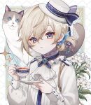  1boy animal_on_shoulder blue_eyes bow brown_hair cat cat_on_shoulder cup duplicate earrings flower gem hat hat_bow highres holding holding_cup jewelry kodona lace lily_(flower) long_sleeves looking_at_viewer male_focus namiki_itsuki open_mouth original pixel-perfect_duplicate sapphire_(gemstone) solo teacup upper_body white_flower 