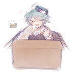  1boy blue_hair blush box cat closed_eyes hat highres holostars in_box in_container kagami_kira pale_skin rabbit short_twintails smile solo tehnyo twintails virtual_youtuber waving 