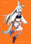  1girl acubi_tomaranai ahoge alternate_costume animal_ears blue_footwear character_name eyewear_on_head fashion full_body grey_hair high_tops highres horse_ears horse_girl horse_tail midriff national_basketball_association new_york_knicks oguri_cap_(umamusume) orange_background product_placement shorts shrug_(clothing) simple_background socks solo sports_bra sunglasses tail umamusume white_legwear 