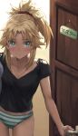  1girl ass_visible_through_thighs black_shirt blonde_hair blue_eyes blush breasts expressionless fate/apocrypha fate_(series) groin highres looking_at_viewer midriff mordred_(fate) no_pants panties ponytail red_scrunchie scrunchie shirt small_breasts solo striped striped_panties t-shirt tonee translated underwear 
