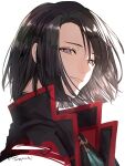  1boy asymmetrical_bangs bangs black_coat black_hair braid chinese_clothes coat fate/grand_order fate_(series) grey_eyes high_collar highres long_hair looking_at_viewer male_focus parted_bangs portrait smile solo tai_gong_wang_(fate) torapochi3 type-moon 