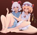  2girls absurdres bare_legs barefoot blonde_hair bloomers blue_camisole blue_dress breasts brown_background callmaichi camisole collarbone commentary_request crystal curly_hair dress eyebrows_visible_through_hair feet flandre_scarlet frilled_dress frills hat hat_ribbon highres horizontal_pupils horns lingerie medium_breasts mob_cap multiple_girls open_mouth pointy_ears rectangular_pupils red_eyes red_horns red_ribbon ribbon sharp_teeth sheep_horns short_hair side_ponytail simple_background sitting sleeveless spaghetti_strap teeth toes tongue tongue_out touhou toutetsu_yuuma undershirt underwear underwear_only upper_body white_bloomers white_camisole white_dress white_hair wings 
