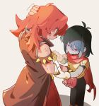  1girl 1other armor bandaged_arm bandages bandaid bangs black_coat blood blue_skin bodysuit closed_mouth coat colored_skin commentary deltarune freckles gloves grey_background hair_between_eyes half-closed_eyes hand_on_own_head highres kris_(deltarune) long_hair pink_skin red_scarf scarf senjochi_janai simple_background sleeveless sleeveless_coat spikes susie_(deltarune) white_gloves 