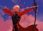  1boy absurdres archer_(fate) armor arrow_(projectile) baragi bow_(weapon) clouds cloudy_sky dark-skinned_male dark_skin drawing_bow fate/extella fate/extella_link fate/extra fate/extra_ccc fate/grand_order fate/stay_night fate_(series) grey_eyes highres holding holding_bow_(weapon) holding_weapon korean_commentary looking_away male_focus moon pink_cloud serious short_hair shrug_(clothing) sky solo weapon white_hair 