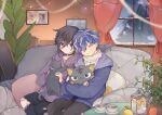  2boys absurdres astel_leda blue_hair blush cat closed_eyes highres holostars kanade_izuru leaning_on_person multicolored_hair multiple_boys object_hug orange_hair pale_skin purple_hair stuffed_toy tehnyo violet_eyes virtual_youtuber 