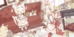  1girl abara_heiki amai_hiyo amai_hiyo_channel animal_ears brown_hair cake cat cat_ears cat_tail closed_eyes commentary_request cookie couch fang food headband highres looking_at_viewer macaron medium_hair plate red_eyes sweets tail virtual_youtuber 