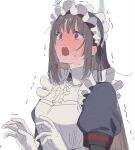  05565 1girl @_@ apron bangs blush brown_hair eyebrows_visible_through_hair frilled_apron frills gloves last_origin long_hair maid maid_headdress open_mouth red_eyes scissors_lise simple_background steam sweat trembling upper_body white_apron white_background white_gloves 