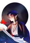  1boy black_hair breathing_fire earrings fire gun highres jewelry knee_up koban153 lanxi_zhen long_hair long_sleeves looking_at_viewer male_focus pointy_ears red_eyes solo the_legend_of_luo_xiaohei upper_body weapon xuan_li_(the_legend_of_luoxiaohei) 