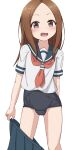  1girl :d absurdres bangs black_sailor_collar black_skirt black_swimsuit blush brown_eyes brown_hair brown_neckerchief commentary_request eyebrows_visible_through_hair feet_out_of_frame forehead highres hippo_(hirople) karakai_jouzu_no_takagi-san long_hair looking_at_viewer neckerchief old_school_swimsuit one-piece_swimsuit parted_bangs pleated_skirt sailor_collar school_swimsuit school_uniform serafuku shirt short_sleeves simple_background skirt skirt_around_one_leg smile solo standing swimsuit swimsuit_under_clothes takagi-san white_background white_shirt 