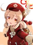  1girl :d ahoge artist_name backpack bag bangs blonde_hair blush genshin_impact hat hat_feather highres klee_(genshin_impact) long_sleeves looking_at_viewer low_twintails motto_notto open_mouth orange_eyes pointy_ears pouch red_headwear short_twintails smile solo thai_commentary twintails 