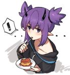  ! 1girl arknights bangs black_shirt blush closed_mouth collarbone cropped_torso eyebrows_visible_through_hair food hair_between_eyes hands_up holding holding_plate horns lava_(arknights) looking_at_viewer mabing plate pointy_ears pudding purple_hair shirt solo spoken_exclamation_mark twintails upper_body utensil_in_mouth v-shaped_eyebrows violet_eyes white_background 