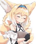 1girl animal_ear_fluff animal_ears arknights bangs bare_shoulders black_gloves blonde_hair blue_hairband blush braid closed_eyes closed_mouth commentary_request facing_viewer fox_ears fox_girl fox_tail gloves hair_intakes hair_rings hairband highres kitsune multicolored_hair object_hug rdnt shirt simple_background single_glove single_wrist_cuff smile solo suzuran_(arknights) tail twin_braids two-tone_hair upper_body white_background white_hair white_shirt wrist_cuffs 