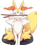  1girl :3 animal_ear_fluff animal_ears animal_nose black_fur blush body_fur braixen chromatic_aberration closed_eyes closed_mouth commentary english_commentary fangs fox_ears fox_girl fox_tail fur_collar furry furry_female happy highres jpeg_artifacts mouth_hold pokemon pokemon_(creature) simple_background skin_fangs smile snout solo sparkle spread_legs squatting stick straight-on tail v_arms vaworldwideva white_background white_fur yellow_fur 