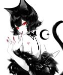  1girl animal_ears artist_name bare_shoulders blood blood_on_hands cat_ears cat_tail choker commentary feather_boa highres knife mouth_hold nail_polish original red_eyes red_nails sheya short_hair signature simple_background solo tail upper_body white_background 