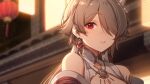  1girl bangs bare_shoulders brown_dress brown_hair china_dress chinese_clothes chinese_new_year city_lights de_da_xianyu dress earrings flower grin hair_flower hair_ornament hair_over_one_eye highres honkai_(series) honkai_impact_3rd jewelry lantern looking_at_viewer mole mole_under_eye night night_sky outdoors rita_rossweisse rita_rossweisse_(artemis) sky smile teeth twintails violet_eyes white_flower 