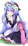  1girl 480391 absurdres ahoge alternate_costume alternate_hairstyle bangs blue_hair blush bow breasts eyebrows_visible_through_hair flower ganyu_(genshin_impact) genshin_impact hair_flower hair_ornament highres holding holding_flower horns long_hair looking_at_viewer medium_breasts qingxin_flower sitting smile solo very_long_hair violet_eyes wariza white_background white_flower 