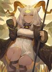  1girl 2020 absurdres animal_ears arknights beeswax_(arknights) bingansuan_jiamouren bird bird_on_hand black_collar black_jacket breasts character_name collar dark-skinned_female dark_skin dress facial_mark feet forehead_mark goat_ears goat_girl goat_horns hands_up highres holding holding_staff horns infection_monitor_(arknights) jacket long_hair off_shoulder open_clothes open_jacket small_breasts solo staff white_dress white_hair yellow_eyes 