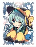  1girl ;) black_headwear bow closed_mouth commentary cropped_torso green_eyes green_hair hat hat_bow komeiji_koishi looking_at_viewer medium_hair one_eye_closed rpameri sidelocks sleeves_past_fingers sleeves_past_wrists smile solo third_eye touhou yellow_bow 