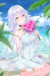  1girl bangs breasts clouds covered_navel dress eyebrows_visible_through_hair flower grey_dress halter_dress halterneck head_tilt highres holding holding_flower long_hair looking_at_viewer medium_breasts nerusu ocean partially_submerged pink_flower qualia_qu re:act sitting sky solo thai_commentary very_long_hair virtual_youtuber white_flower white_hair yellow_eyes 