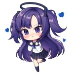  1girl :&lt; absurdres bangs black_legwear black_sailor_collar black_skirt blue_archive blue_bow blush bow closed_mouth eyebrows_visible_through_hair halo heart highres kk_(aky2374) long_hair long_sleeves looking_at_viewer no_shoes parted_bangs pleated_skirt purple_hair sailor_collar school_uniform serafuku simple_background skirt socks solo standing standing_on_one_leg two_side_up v-shaped_eyebrows very_long_hair violet_eyes white_background yuuka_(blue_archive) 