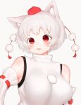  1girl :d absurdres animal_ears bangs bare_shoulders blush breasts highres inubashiri_momiji large_breasts looking_at_viewer open_mouth red_eyes shirt short_hair simple_background smile take_(take143000) touhou white_background white_hair white_shirt white_sleeves wolf_ears wolf_girl 