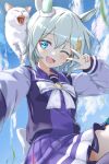  1girl absurdres animal_ears blue_eyes blush cat clouds cloudy_sky commentary_request hair_ornament highres horse_ears horse_girl kagami_(haret46) looking_at_viewer one_eye_closed open_mouth school_uniform seiun_sky_(umamusume) selfie short_hair silver_hair sky solo tracen_school_uniform umamusume 