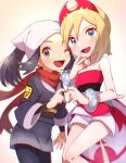  2girls :d ;d akari_(pokemon) black_hair black_legwear black_sash black_shirt blonde_hair blue_eyes blurry blush bracelet chitozen_(pri_zen) collar collarbone commentary_request eyelashes finger_heart flute grey_eyes grey_jacket grey_skirt hairband head_scarf highres instrument irida_(pokemon) jacket jewelry knees_together_feet_apart long_hair looking_at_viewer medium_hair multiple_girls one_eye_closed open_mouth pantyhose pokemon pokemon_(game) pokemon_legends:_arceus ponytail red_hairband red_scarf red_shirt sash scarf shirt shorts sidelocks skirt smile strapless strapless_shirt tongue twitter_username waist_cape watermark white_headwear white_shorts 