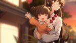  2girls :d architecture bangs blurry brown_eyes brown_hair carrying carrying_person china_dress chinese_clothes chinese_new_year closed_eyes closed_mouth clouds cloudy_sky dango de_da_xianyu double_bun dress east_asian_architecture food highres holding holding_food honkai_(series) honkai_impact_3rd long_hair long_sleeves mother_and_daughter multiple_girls night night_sky open_mouth original shirt sky smile sunset wagashi yellow_shirt 