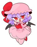 1girl ascot bat_wings bow dress fang frills hat hat_ribbon highres mob_cap op_na_yarou pink_dress pink_headwear puffy_short_sleeves puffy_sleeves purple_hair red_ascot red_bow red_eyes red_ribbon remilia_scarlet ribbon short_hair short_sleeves simple_background slit_pupils solo touhou white_background wings 