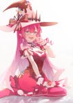  1girl :d boots bow corset fairy_knight_tristan_(fate) fairy_knight_tristan_(valentine_witches)_(fate) fang fate/grand_order fate_(series) food-themed_clothes full_body grey_eyes hat hat_bow heart highres kneeling ling_huanxiang long_hair looking_at_viewer multicolored_bow open_mouth pink_hair pink_headwear red_footwear red_skirt simple_background skirt smile solo striped striped_bow thigh-highs thigh_boots white_background witch_hat wrist_cuffs 